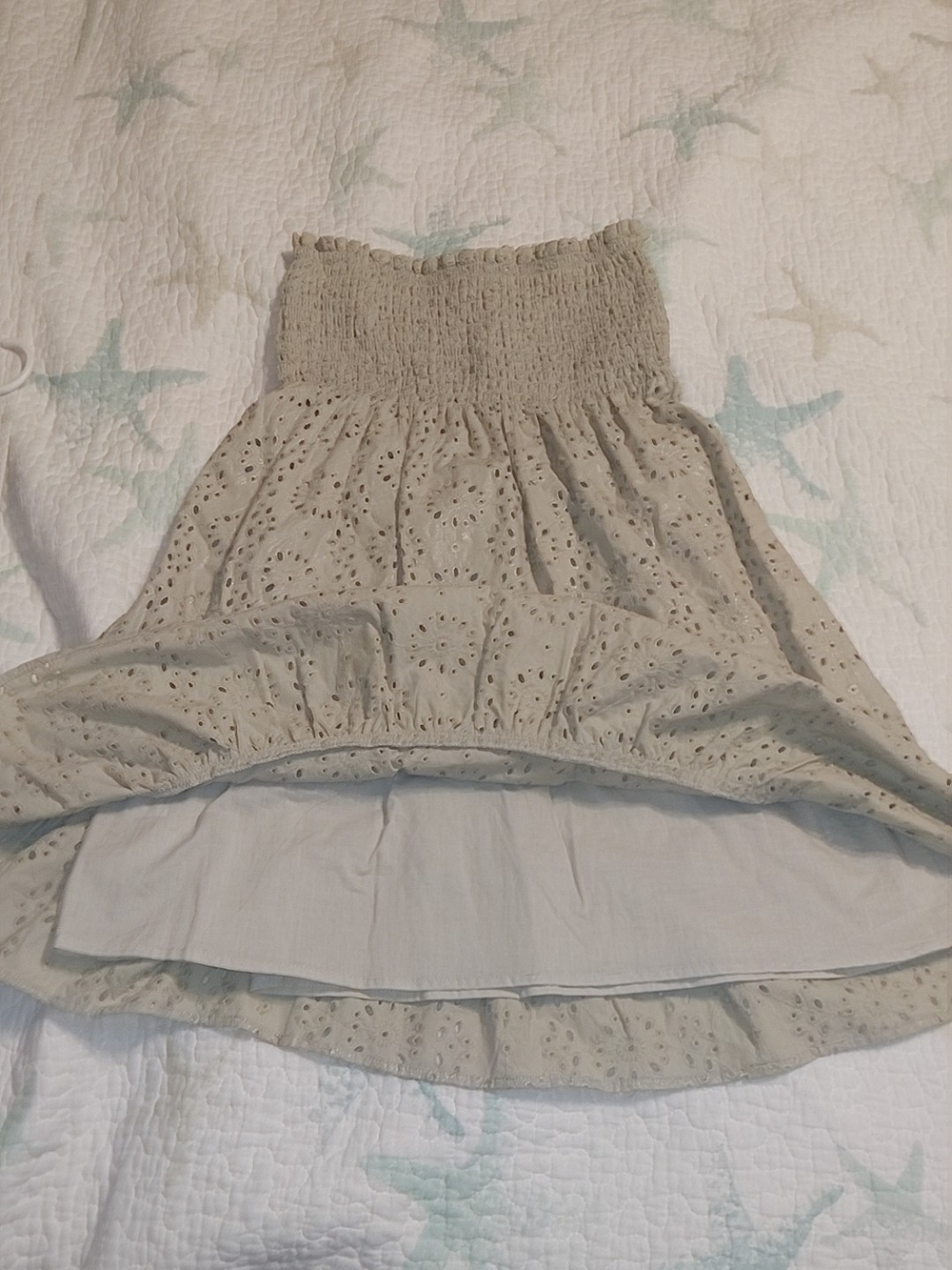 Smocked Eyelet Midi Dress in Light Beige